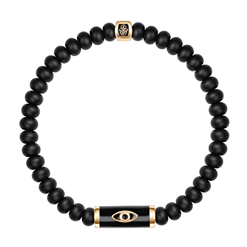 Karma And Luck - Prosperous Journey - Genuine Matte Onyx Black Enamel Gold Plated Brass Evil Eye Charm Bracelet For Men. Ready To Gift For Him. Size: 7" Stretch. #TOP21