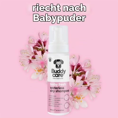 Buddycare Wasserloses Trockenshampoo für Hunde (200 ml) – Babyfrischer Duft, für empfindliche Haut, natürliches Hunde-Trockenshampoo ohne Ausspülen, für sauberes & frisches Fell, alle Rassen & Größen
