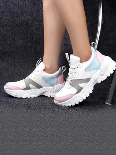 Image of Shoetopia Women's White Chunky Sneakers with Pink & Blue || Accents Casual Lace-Up Sports Shoes for Everyday EU40