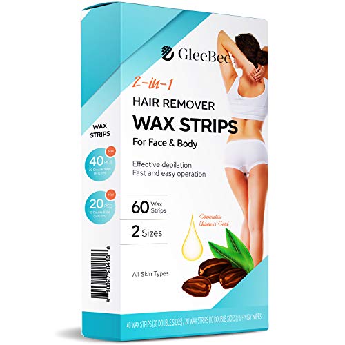 GleeBee Wax Strips, Body Facial Hair Removal for Women Men for Face, Brow, Armpit, Bikini and Legs Wax Hair Remover 20 Facial Wax Strips 40 Body Wax Strips 6 Calming Oil Wipes
