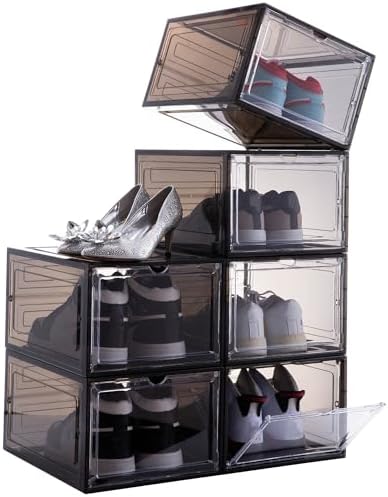 Attelite Shoe Box,Set of 6,Stackable Plastic Clear Shoe Box Organizer with Magnetic Door,Shoe Storage Box Thicken Sturdy,Easy Assembly,Fit up to US Size 12,Black