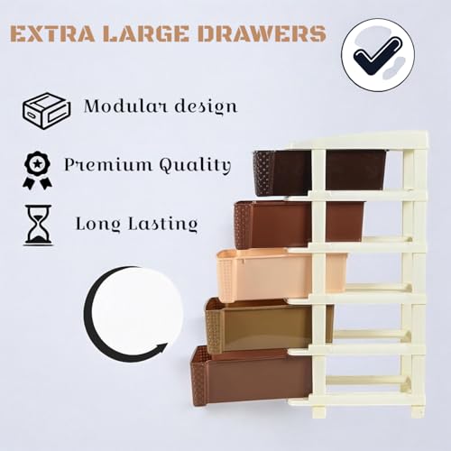 Image of Plastic Modular Drawer Storage Chest Of Drawers Organizer Storage Box, Large Stomo Racks For Multipurpose Anti-slip Shoes Organizers (Coffee & Chocolate, 5 Layer)