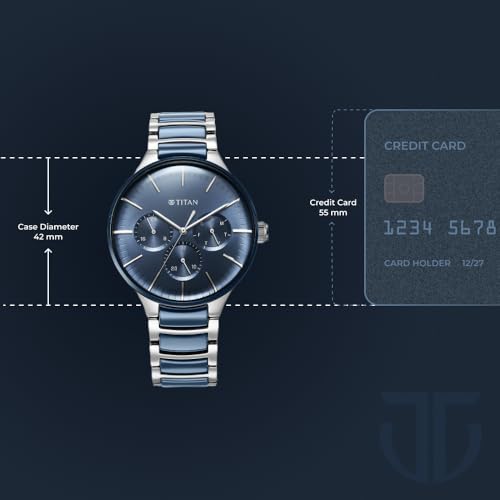 Image of Titan Ceramic Fusion Quartz Multifunction Midnight Blue Dial Two Toned Silver and Metallic Blue Stainless Steel Bracelet Watch for Men - NT90148KD02
