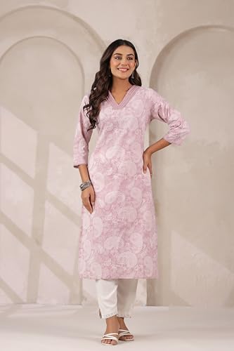 Image of Ichaa Women's Pure Cotton Embroidered V-Neck Ethnic Kurta with 3 /4th Sleeve for Daily and Office Wear, in Plus Sizes
