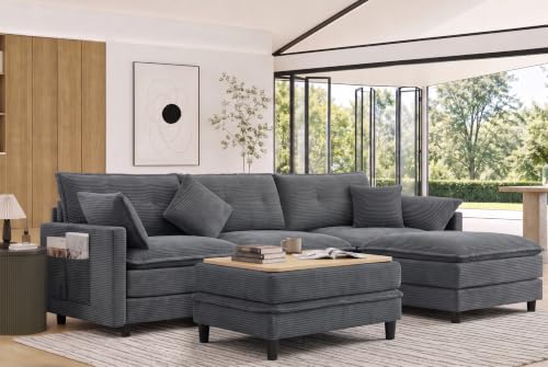 Image of 107.3 inch U Shaped Cloud Couch Modern Modular Sectional Sofa with 2 Storage Ottoman Coffee Table, 3-Seat Corduroy Deep Seat Sofa with Throw Pillows for Living Room, Bedroom, Apartment, Grey