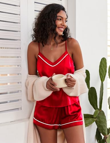 Image of Ekouaer Pajamas for Women Set Silk Satin Pjs Sexy Lingerie Sleepwear Cami Shorts Set Summer Nightwear S-XXL