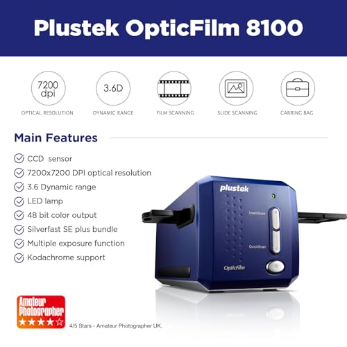 Plustek OpticFilm 8100-35mm Negative Film/Slide Scanner with 7200 DPI and 48-bit Output. Bundle Silverfast SE Plus 9, Support Mac and Windows