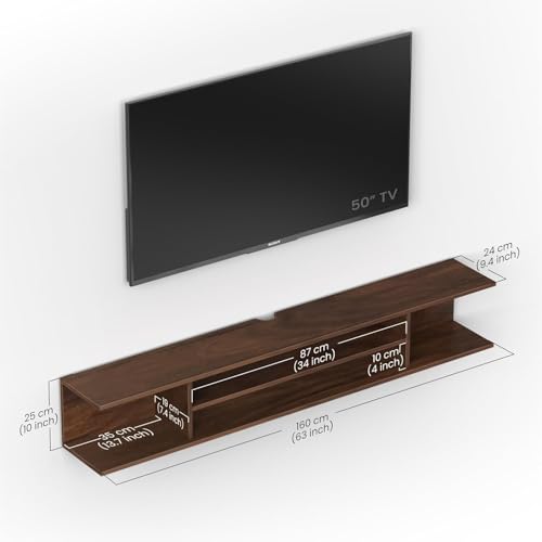 Image of Furniture Cafe Modern Wall Mounted TV Unit - Floating Entertainment Center with Shelves for Set Top Box, Books & Decor - Wooden Media Console for Living Room (Brown)