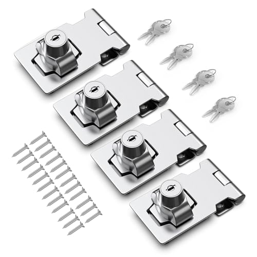 Image of 2.5 Inch Keyed Hasp Lock for Cabinets & Small Doors, Twist Knob Design, Heavy Duty Zinc Alloy with Chrome-Plated Iron, Includes Keys & Screws - Silver, 4 Pack