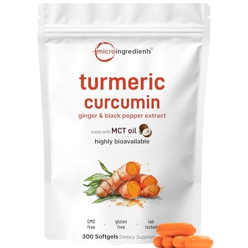 Turmeric Curcumin Supplement with Black Pepper & Ginger 3,000mg, 300 MCT Oil Softgels | 95% Curcuminoids | High Absorption | Healthy Joint Support for