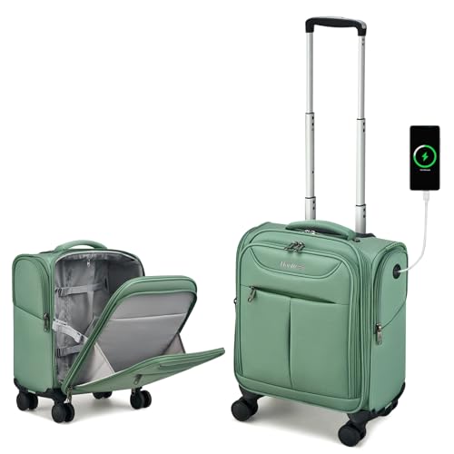 Image of Hanke 45CM Small Soft Shell Cabin Trolley Bags, 8 Silent Spinner Wheels,Charging Port, 8 Storage Compartments, Lightweight Compact Carry-On Luggage for Short Trips & Overnight Use,Forest Green