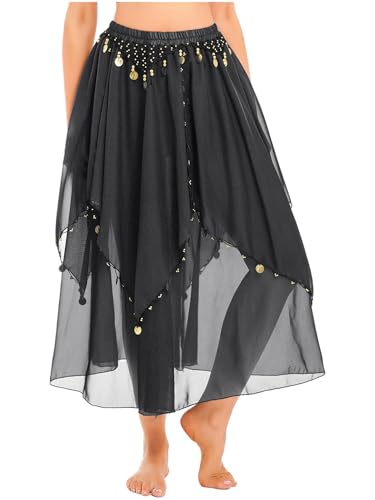 HULIJA Damen Bauchtanz Rock Lang Tanzrock Pailletten Asymmetrisch Rock Tanz Bühnenrock Karneval-Tanz-Outfit Orientalische Kostüme A Schwarz Einheitsgröße