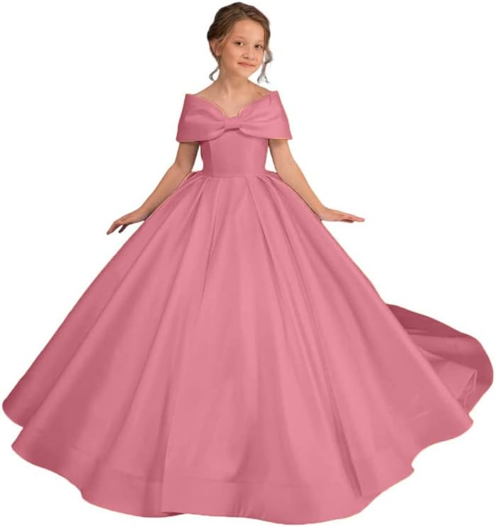 Flower Girl Dress Off Shoulder-Satin First Communion Dress Bow Knot Girls Ball Gowns