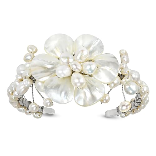 AeraVida Ocean’s Iridescent Garden White Mother of Pearls Seashell and Cultured Freshwater Pearls Floral Cuff Bracelet | Open Cuff Bangle Bracelet for Women