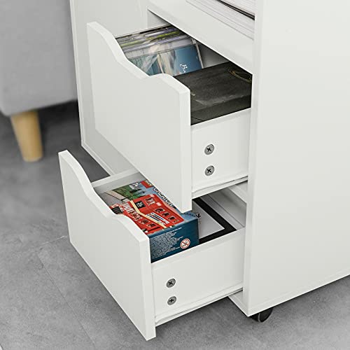 Miniatura 9 de Sobuy Mueble Impresora Mesa Para Impresora Con Ruedas Cajonera Oficina Con 2 Cajones, 1 Puerta Y 1 Estante Abierto Mueble Archivador Armario Oficina Blanco 60x35x70cm Fbt105-W