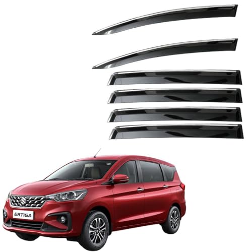 Image of CAR SAAZ Unbreakable Chrome Smoke Door Visor for Ertiga (2025-Present)| Premium Sun, Rain Wind Deflector Chrome Strip Side Door Rain Visor - Set of 6 Pcs