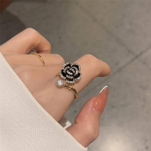 Kokoma Vivid Black Rose Flower Open Statement Rings For Women Cz Crystal Blooming Wrap Finger Band Engagement Wedding Stacking Ring thumb #3