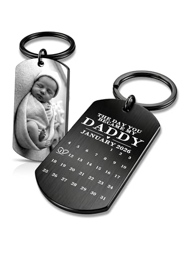 BEXOA Custom Keychain with Picture - Personalized Engraved Photo Text Keychains for Men, Dad, New Dad Gifts (Engraving - Photo & Daddy Calendar)
