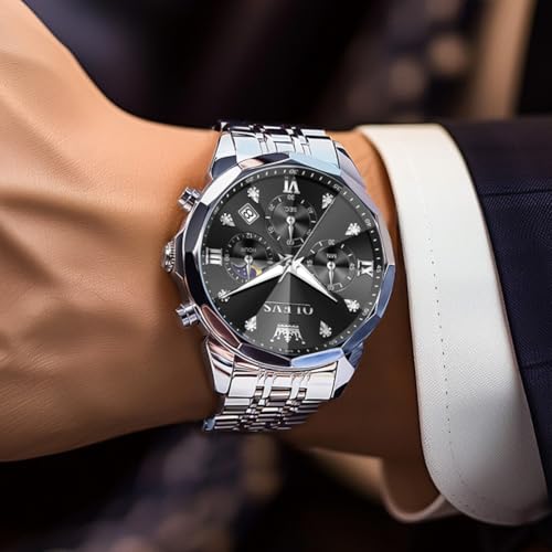 Image of OLEVS Watch for Men Luxury Gold Diamond Chronograph Business Wristwatch with Analog Quartz, Date Calendar, Stainless Steel Band, Luminous Hands, Waterproof