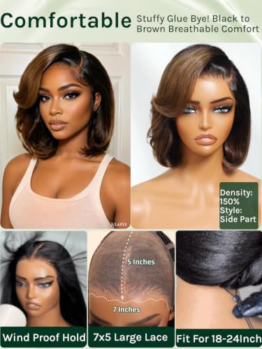 Image of KLAIYI Bye Bye Slip Ombre Brown Layered Bob Straight Wig Human Hair Glueless Side Part Pre Cut 7x5 Lace Front Pre Plucked Bleached Knots Drawstring 30S Ready to Wear and Go Wig with Dark Roots 10Inch