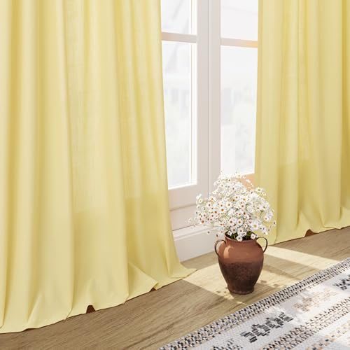 Image of Yellow Linen Textured 96 Inch Curtains 2 Panel Set Back Tab Rod Pocket Sheer Light Filtering Boho Room Decor Aesthetic Curtains Burlap Look Curtain Drapes for Living Room Bedroom 8Ft 52x96 Inch