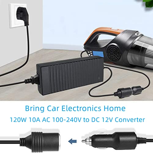 Image of AC to DC Converter, 100V~240V to 12V 10A 120W Power Supply Adapter, Car Cigarette Lighter Socket Power Adapter AC /DC Transformer for Tire Inflator, Car Refrigerator, and Other Car Devices