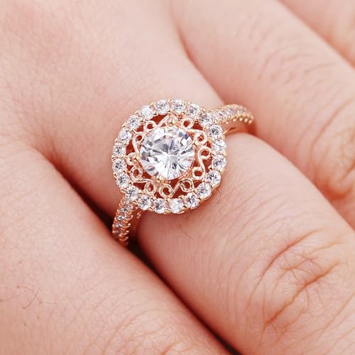 Rose Gold Plated Ring with Round Cut Cubic Zirconia - Women's Zircon Halo Rings Promise Jewelry for Birthday Valentine's Day (Size 6-9) Y134