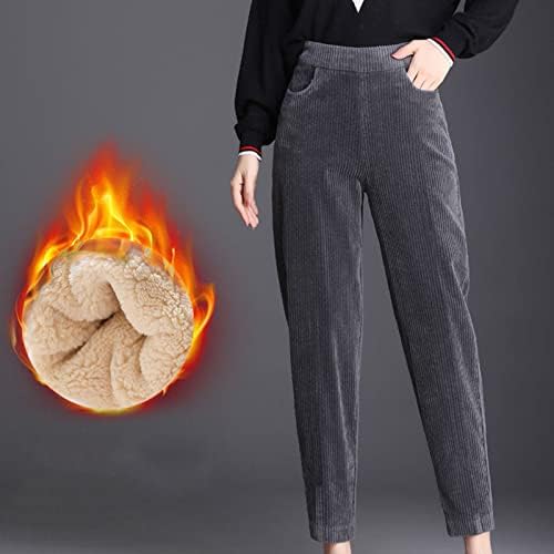 Women Corduroy Trousers Thick Elastic Winter Warm Plus Size Lamb Wool Pants Stripe Print Plush Thermal Pocket Straight Leg Trouser Suitable for Casual & Active Wear