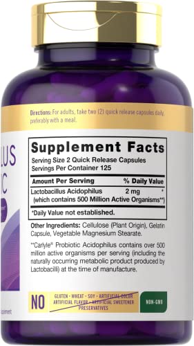 Carlyle Acidophilus Probiotic | 500 Million Cfu | 250 Capsules Non-Gmo & Gluten Free | Probiotic For Men & For Women #TOP1