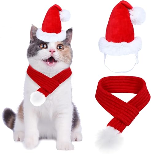 2 peças disfarce de Natal para cão gato, gorro de Natal cão e gato com cachecol ajustável, disfarces de Natal para animais de estimação para gatos, cachorros, cães pequenos (S)