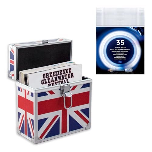 Retro musique Aluminium 7 Vinyl Record EP Storage Case Holds up to 35 EPs (in PVC Sleeves) Includes 35 Vinyl Record Outer Sleeves (Union Jack)