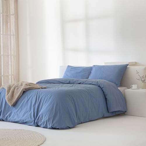 COTTON ARTean Funda Edredón Nórdico Cama 90 Percal Algodón 200 Hilos Noa Azul 2 Piezas 150x220 Cierre Botones.