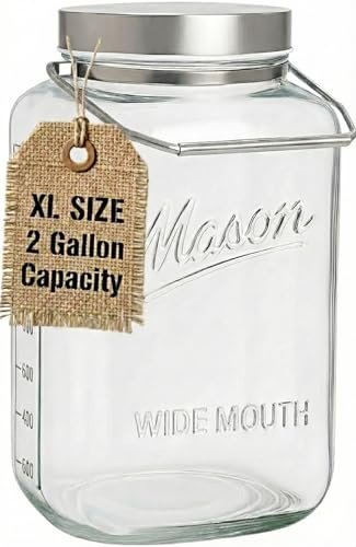 kitchentoolz Large 2 Gallon Glass Mason Jar with Big Airtight Metal Lid and Carry Handle Wide Mouth Square Container with Measurements for Dry Goods Bulk Storage and Food Prep