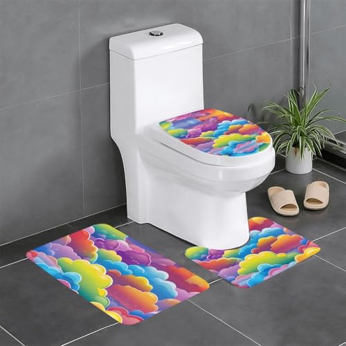 Juego de 3 tapetes de baño BROLEO absorbentes con diseño de arcoíris y gotas de lluvia 2