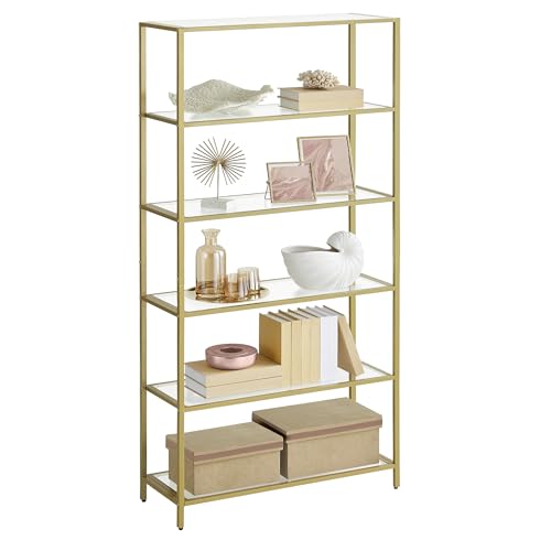 VASAGLE Badregal mit 6 Ablagen, gehärtetes Glas, einfache Montage für Badezimmer, Wohnzimmer, Küche, Büro, Klar Metallic Gold LGT503A01