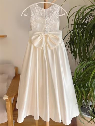 Lace Applique Flower Girl Dress for Wedding Kids Soft Satin Long Princess Pageant Bowknot Pearls Prom Ball Gowns3