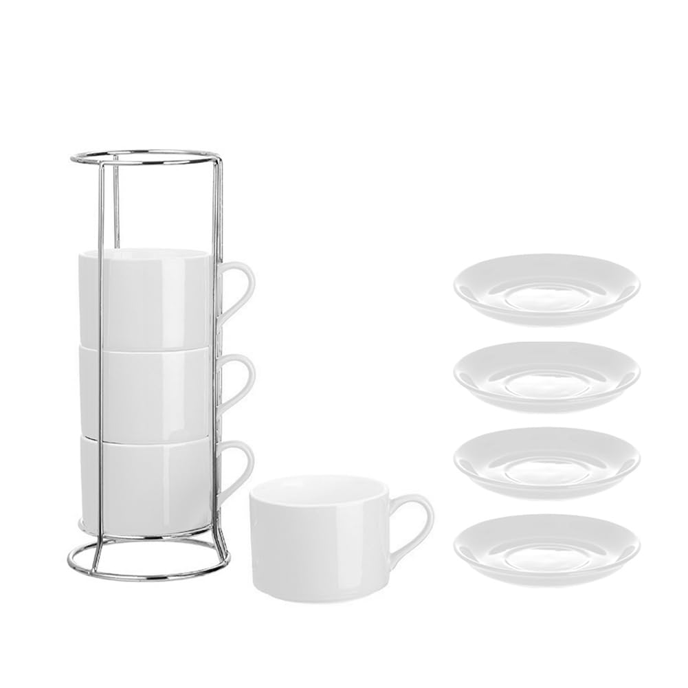 CTRLZS Porcelain Stackable Cappuccino Cups with Saucers and Metal Stand, Espresso Cups for Latte Coffee Cafe,Specialty Coffee D