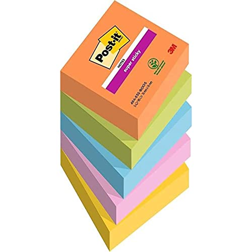 Image of Post-it Super Sticky Notes Boost Collection Pack of 5 Pads, 90 Sheets Per Pad, 76mm x 76mm, Orange, Green, Pink, Yellow, Blue - Extra Strong Sticky Notes for To Do Lists & Reminders