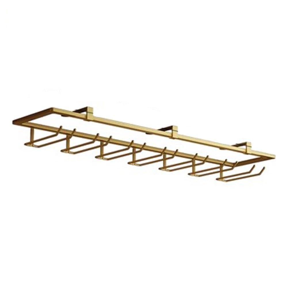 POLGDW Metal Wine Glass Rack Under Cabinet Large Stemware Holder for Bar and Kitchen 7 Rows Gold Under Shelf Glass Hangers.