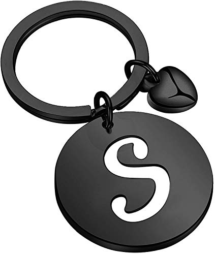 HOLLP Initial Disc Charm Keychain 26 Initial Letter Alphabet Key Ring A-Z Initial English Charm Keychain (Black-S)
