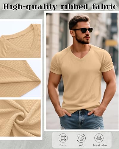 Riyiper 3 Pack Men's Muscle T Shirts Slim Fit Workout Bodybuilding Tees Ribbed Knit Textured V Neck Short Sleeve Tee Shirts3