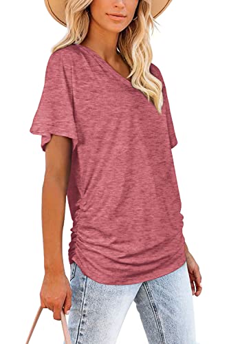 Image of WIHOLL Womens Summer T-Shirts Short Sleeve V Neck Dolman Tops with Side Shirring Loose Fit Shirts Spring Fashion