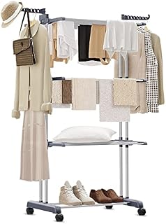 YORKING 3 Tier Clothes Drying Rack Rolling Hanger Adjustable Large Stainless Steel Garment Drying with Foldable Wing and Casters for Outdoor Indoor(Grey)