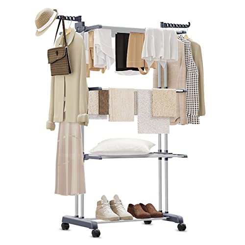 ANYVOYAGE Foldable Drying Rack with 18m Drying Space – Heavy-Duty Indoor/Outdoor Clothes Airer, 3-Tier Expandable Design, 14 Hooks & 40KG Capacity, Rustproof for Garment Protection