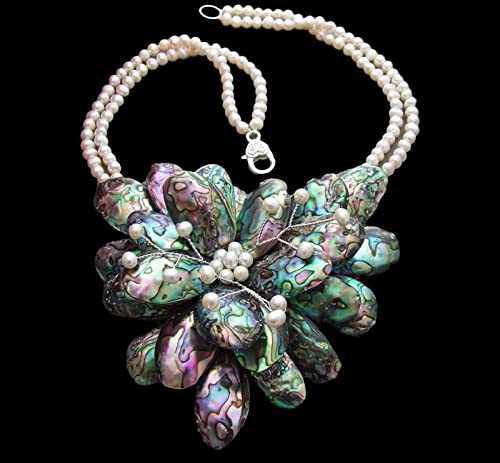 Gors 2 Strands Freshwater White Pearl Abalone Shell Flower Statement Necklace #TOP1