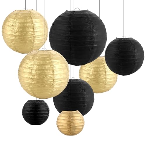 MIVIDE Lot de 16 Lanterne en Papier Noir et Doré, 10cm 15cm 20cm 25 cm Boule Chinoise Papiers, Lampion Papier Chinois pour Mariages, Anniversaires, Fêtes et Noël