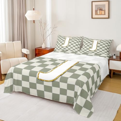 Image of Erosebridal Sage Green Checkered Bedding Set Queen Plaid Initial J Bed Sheets Personalized Monogram Sheet Set Kids Boys Girls,Fashion Grids Gingham Fitted Top Sheets 4 Piece