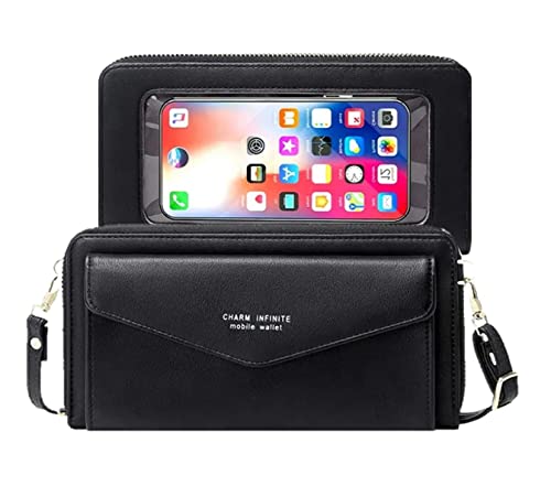 Faux Leather Crossbody Phone Bag for Women, RFID Blocking Touch Screen Wallet Shoulder Handbag with Clear Phone Window
