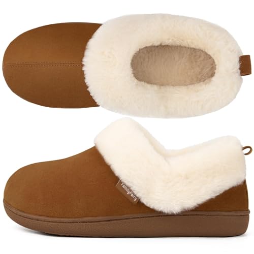 FamilyFairy Women's Warm Bootie Slippers Winter Cozy House Shoes Non Slip Indoor Outdoor with Fuzzy Collar Camel, 9-10