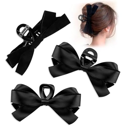 3Pcs Big Bow Hair Claw Clips for Women, Black Bow Claw Clips for Thin Thick Curly Hair, Nonslip Claws Clamps for Birthday Valentine Gifts (Glossy + Matte Finish) Cover